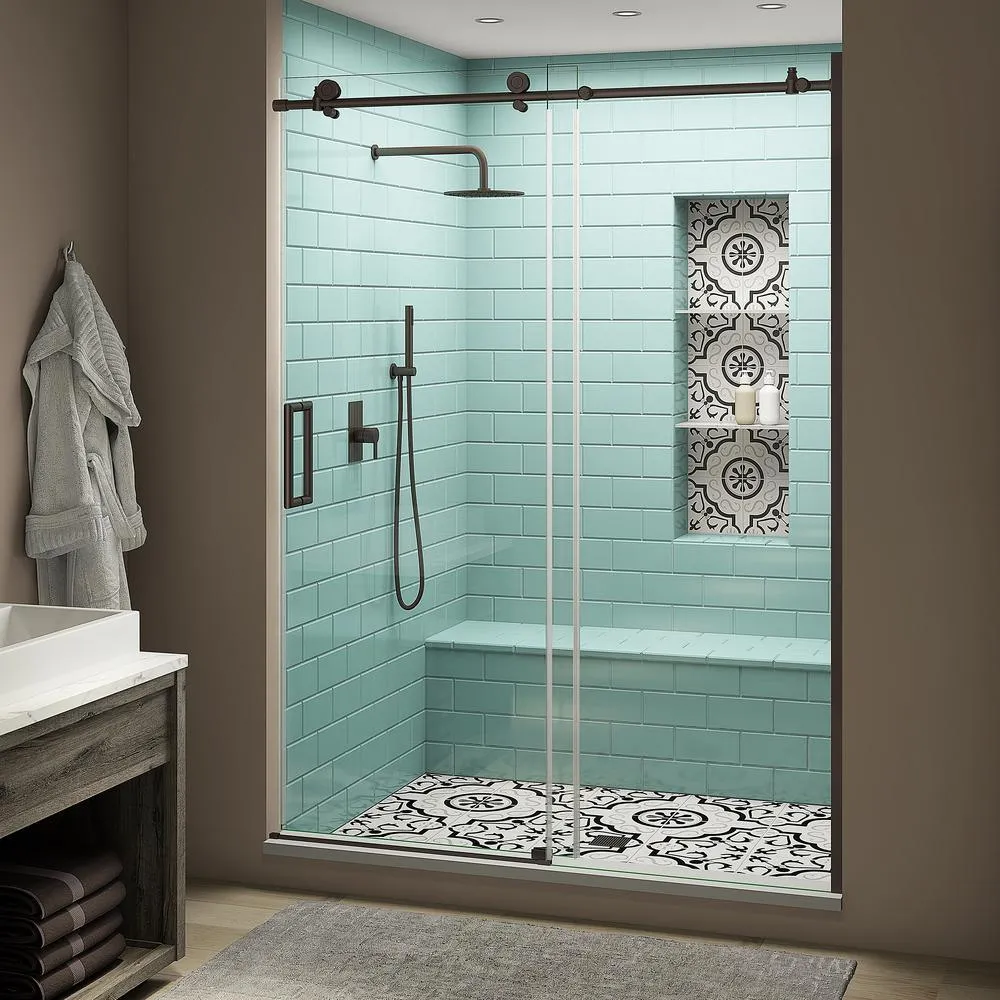 Coraline XL 56 - 60 in. x 80 in. Frameless Sliding Shower Door with StarCast Clear Glass in Brushed Gold Right Hand, photo 15 of 22