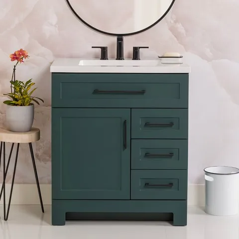 Cauley 30-in Viridian Green Single Sink Bathroom Vanity with White Cultured Marble Top