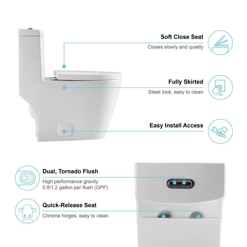 1-Piece Dual Flush 1.2 GPF/0.8 GPF Elongated High Efficiency Skirted Toilet All-in-One Toilet in White Seat Included, photo 7 of 10