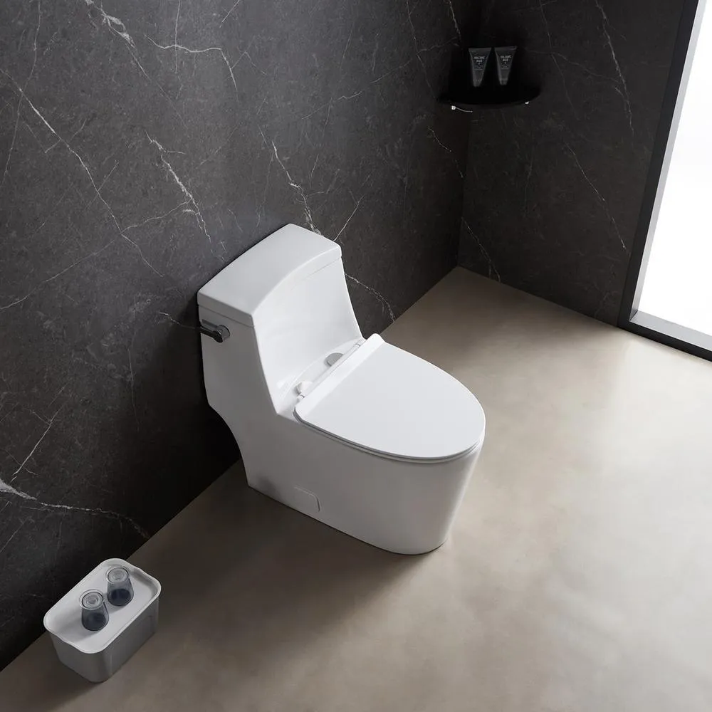 1-Piece 1.28 GPF High Efficiency Single-Flush Elongated Skirted Toilet All-in-One Toilet in White Seat Included, photo 7 of 10
