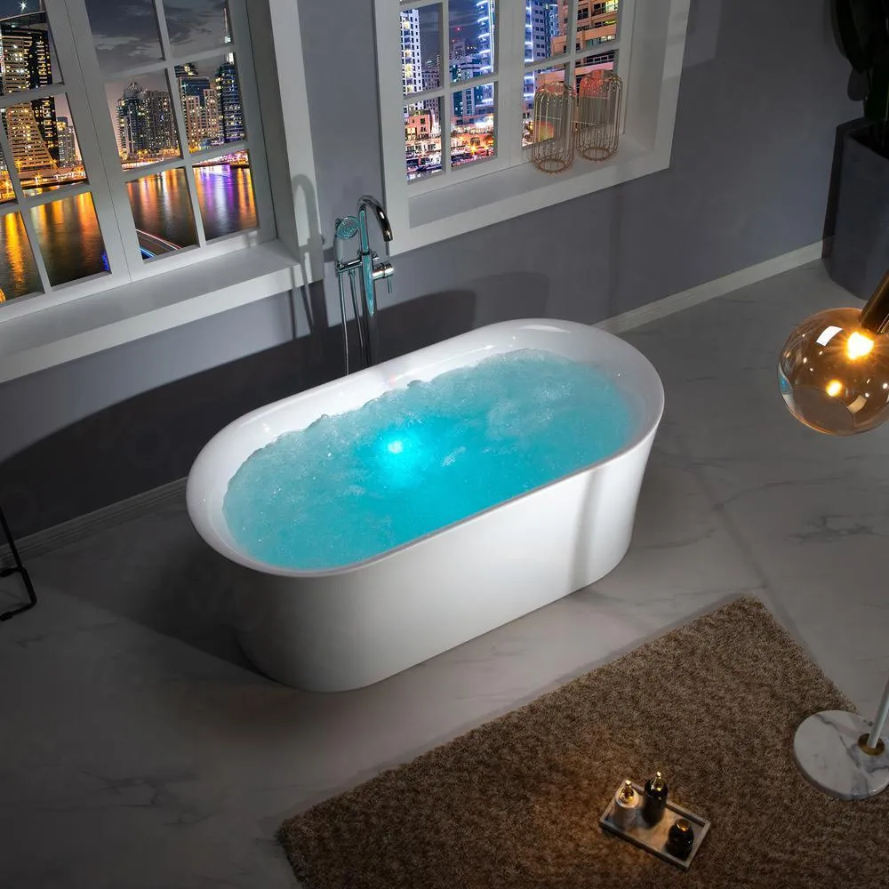 WOODBRIDGE Tion 59 in. Acrylic Freestanding Double-Ended Air Bath Bathtub with Chrome Drain and Overflow, White, photo 3 of 18