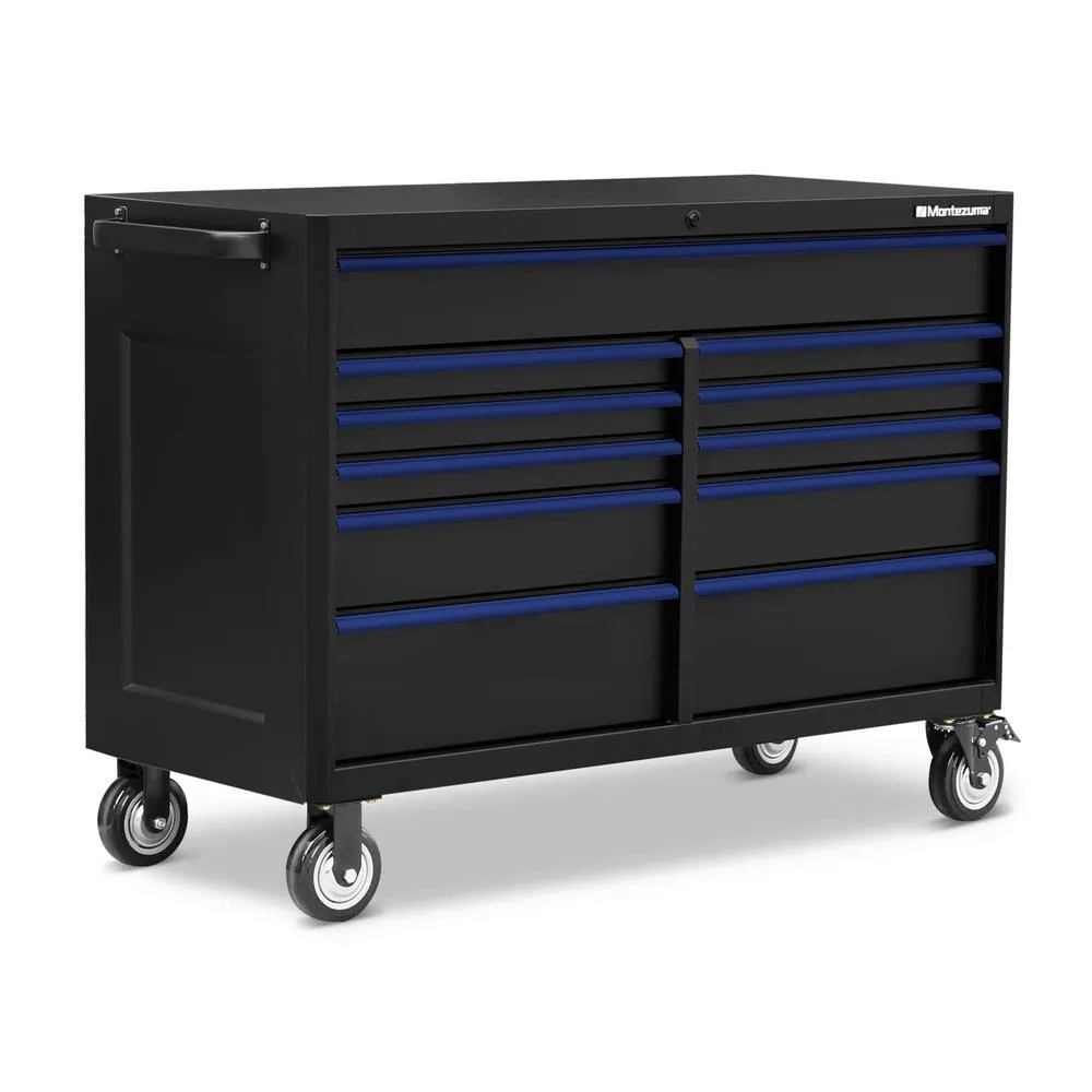 Montezuma 56 in. x 24 in. 11-Drawer Roller Cabinet Tool Chest with Power and USB Outlets in Black and Blue, photo 5 of 12