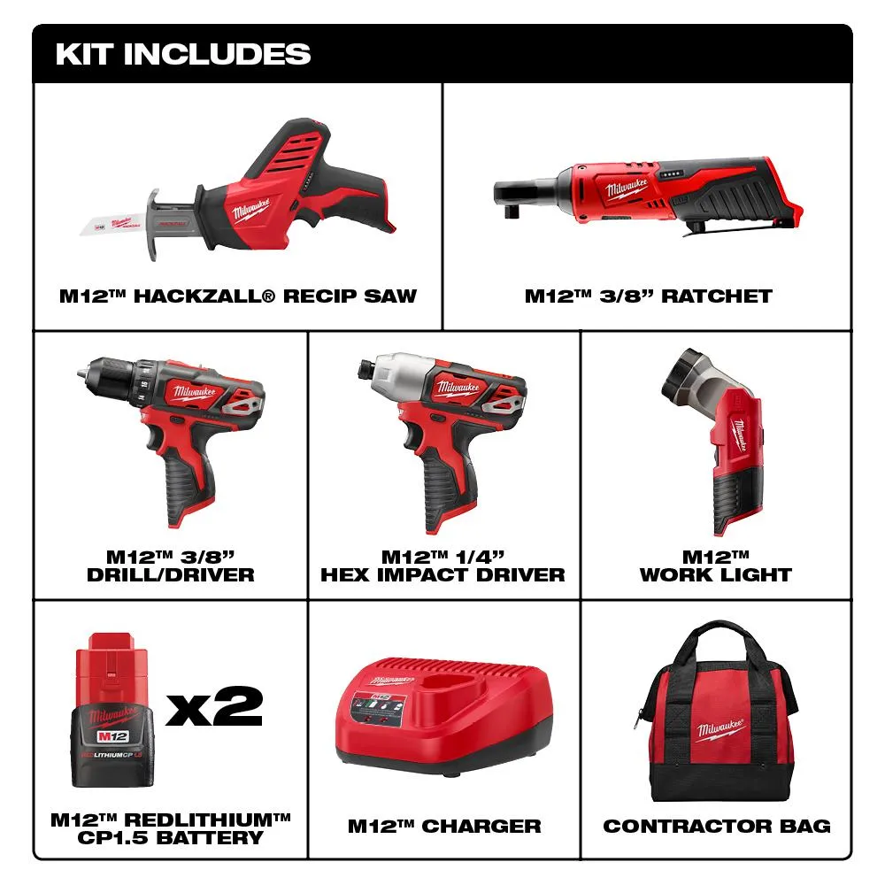 M12 12-Volt Lithium-Ion Cordless Combo Kit (5-Tool) with Two 1.5Ah Batteries, Charger & Tool Bag, photo 3 of 15