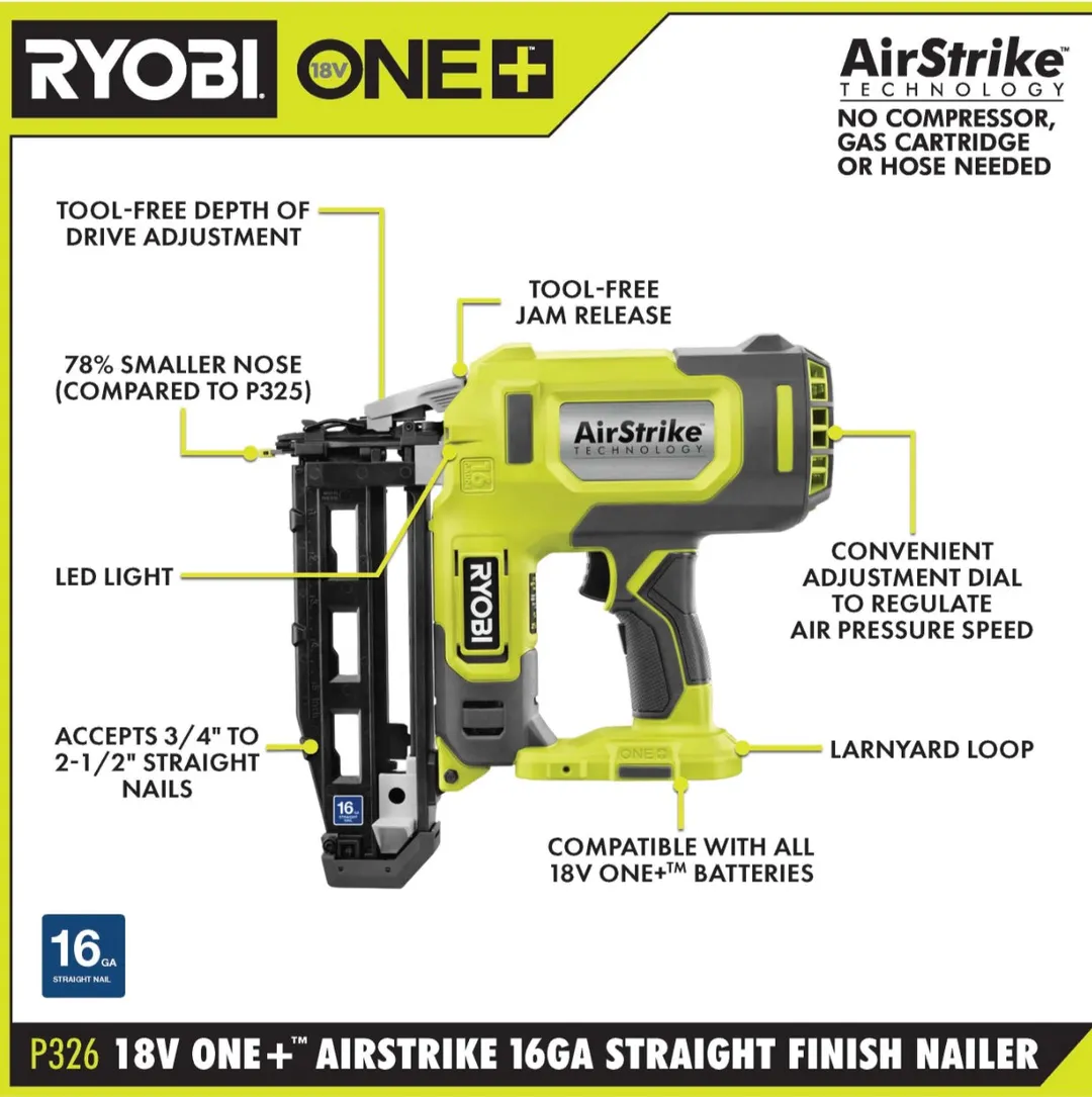 RYOBI 18V ONE+ Cordless AirStrike 16-Gauge Straight Finish Nailer Kit with Sample Nails, 1.5Ah Battery and Charger, photo 2 of 8