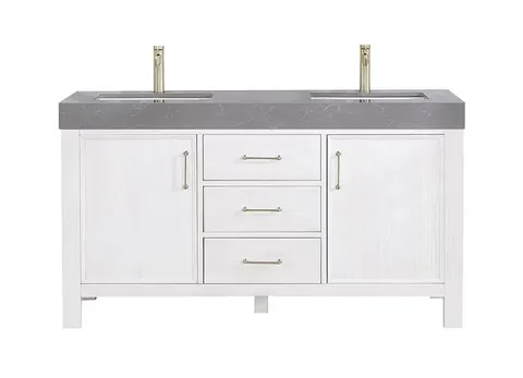 León 60 in wide · 22 in deep · 34 in high Double Sink Bath Vanity in Fir Wood White with Grey Composite Stone Top