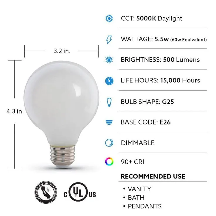 Feit Electric 60-Watt Equivalent G25 Dimmable Filament ENERGY STAR White Glass LED Light Bulb, Daylight (3-Pack), photo 8 of 8