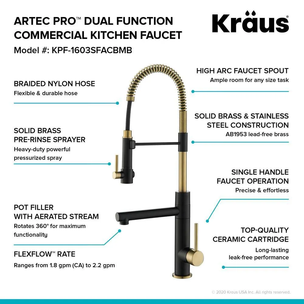 Single-Handle Kitchen Faucet with Pre-Rinse Sprayer and Pot Filler in Spot Free Antique Champagne Bronze/Matte Black, photo 6 of 9