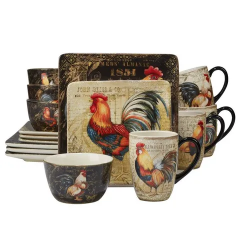 Gilded Rooster 16-Piece Traditional Multi-Colored Ceramic Dinnerware Set