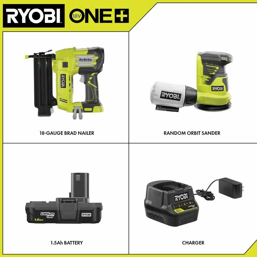 RYOBI 18V ONE+ Cordless 18-Gauge Brad Nailer and 5 in. Random Orbit Sander Combo Kit with (1) 1.5 Ah Battery and Charger, photo 2 of 14