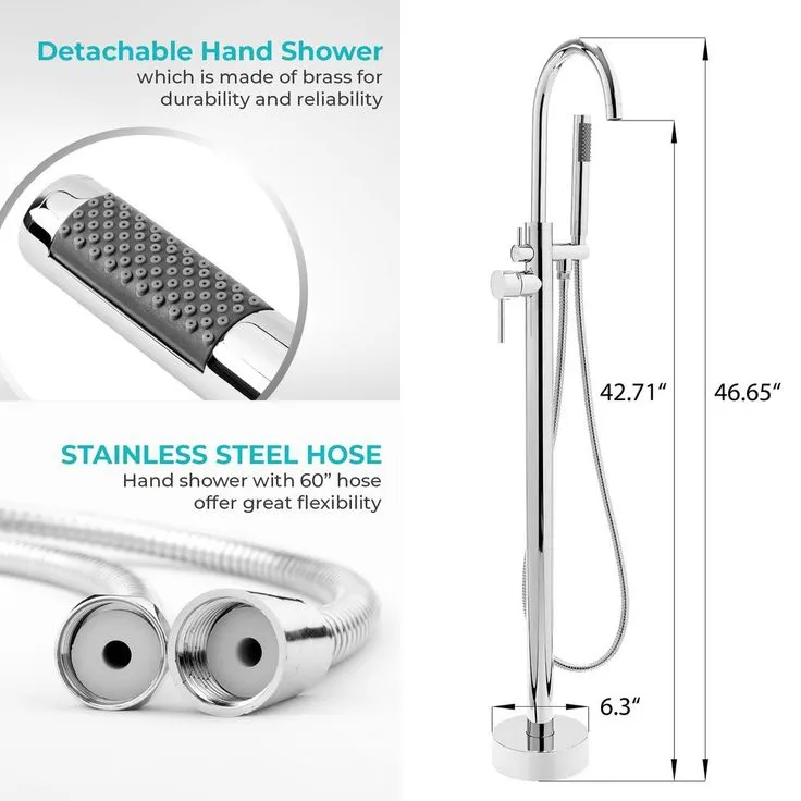 1-Handle Freestanding Floor Mount Roman Tub Faucet Bathtub Filler with Hand Shower in Chrome, photo 6 of 8