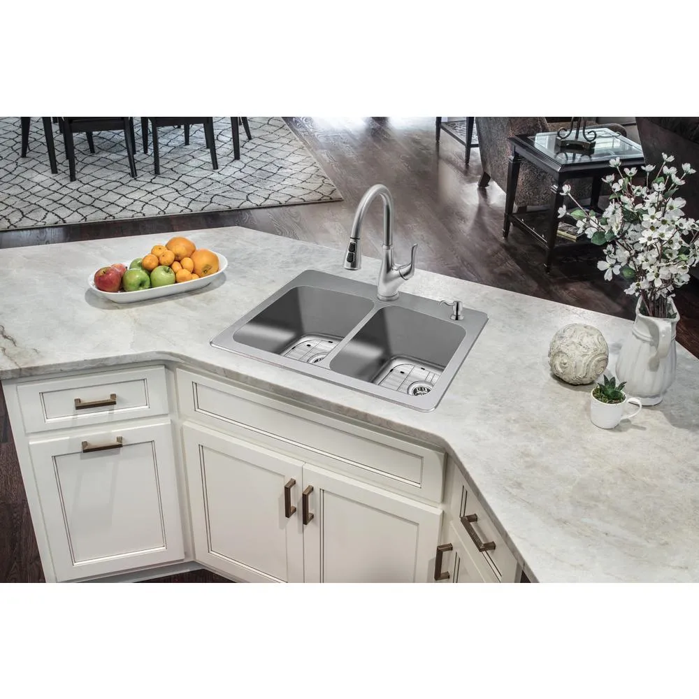 All-in-One Dual Mount 18-Gauge Stainless Steel 33 in. 2-Hole 50/50 Double Bowl Kitchen Sink with Pull-Out Kitchen Faucet, photo 2 of 6