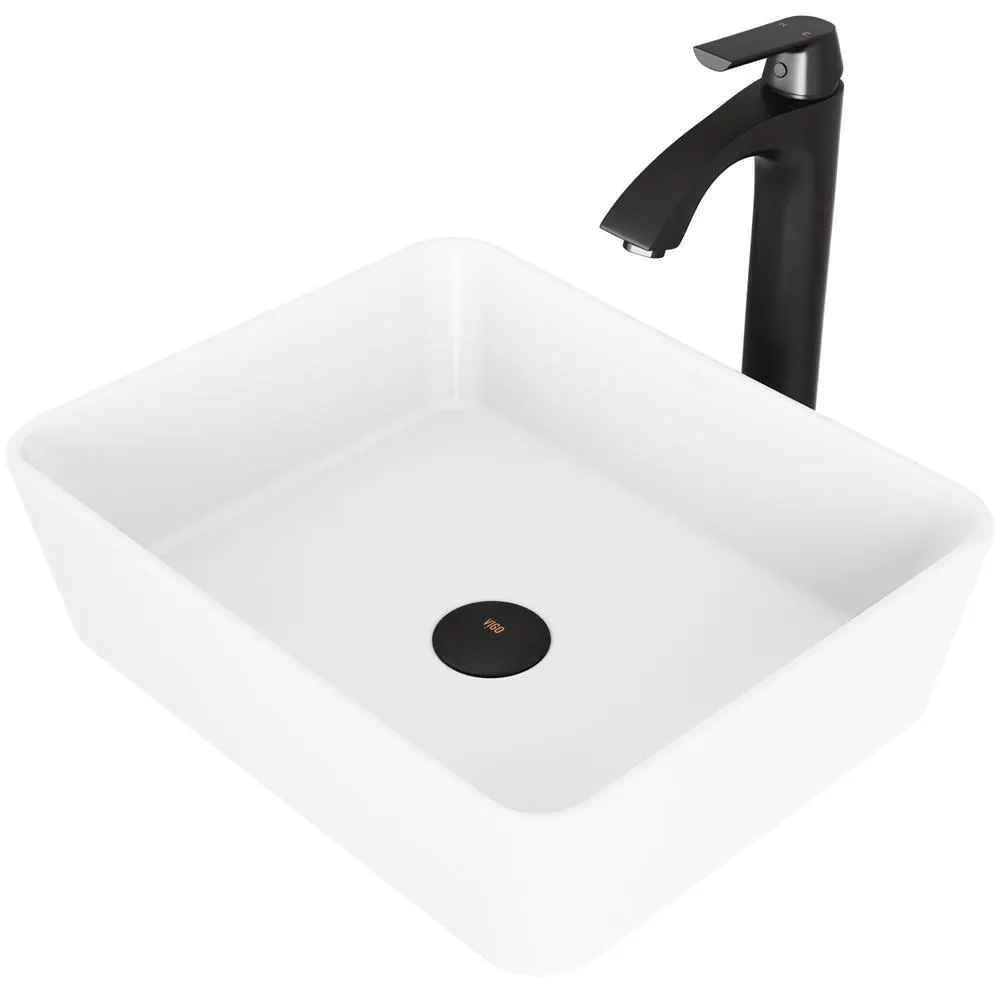 VIGO Marigold White Matte Stone Vessel Bathroom Sink and Linus Bathroom Vessel Faucet in Brushed Nickel, photo 16 of 16
