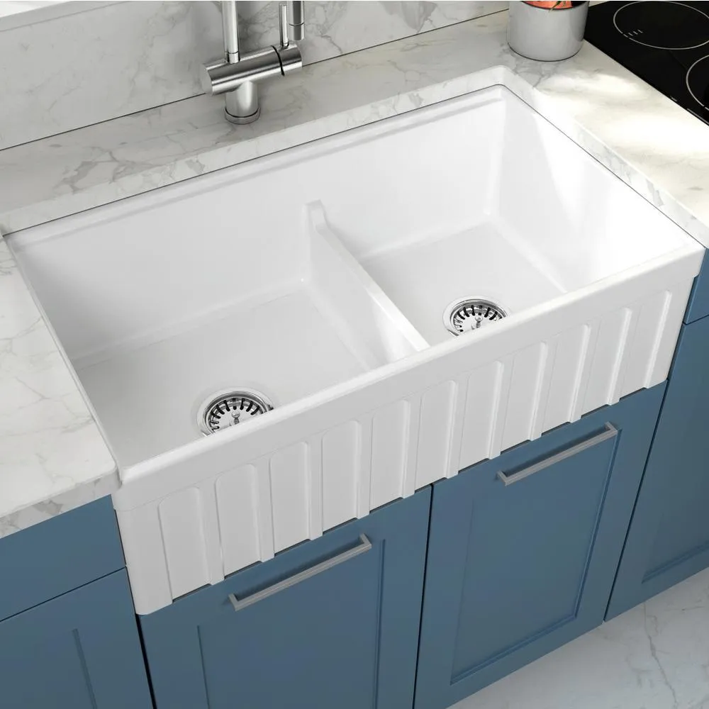 Yorkshire Farmhouse Fireclay 33 in. 55/45 Double Bowl Kitchen Sink with Cutting-Board, Grid and Strainer in White, photo 5 of 8