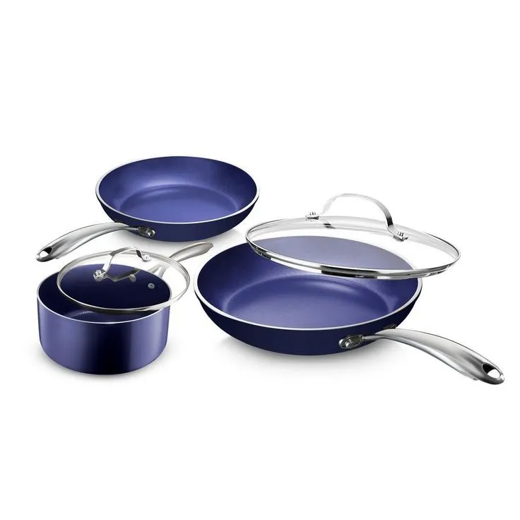 Classic Blue 10-Piece Aluminum Ultra-Durable Non-Stick Diamond Infused Cookware Set with Glass Lids, photo 4 of 4