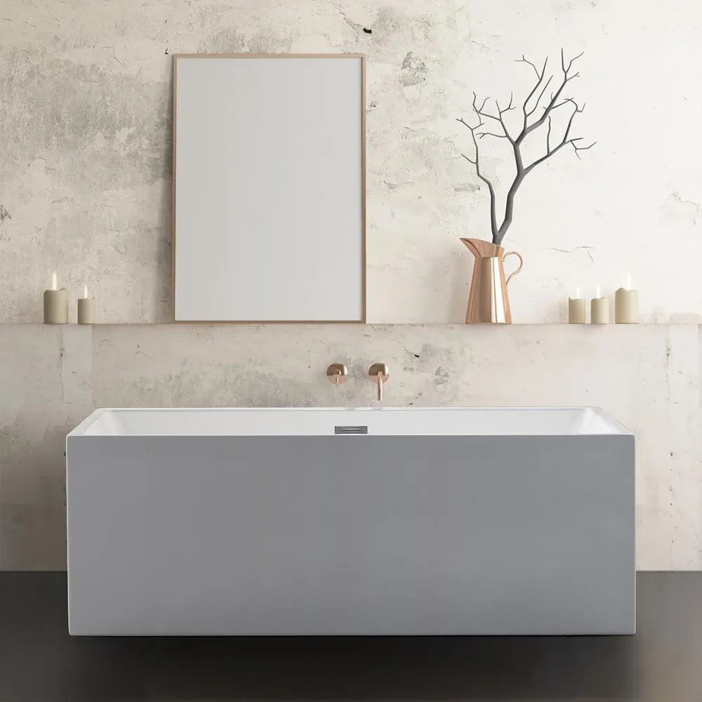 Rectangle 67 in. x 32 in. x 24 in. Contemporary Soaking Acrylic Flatbottom Freestanding Bathtub with Overflow, White, photo 3 of 8