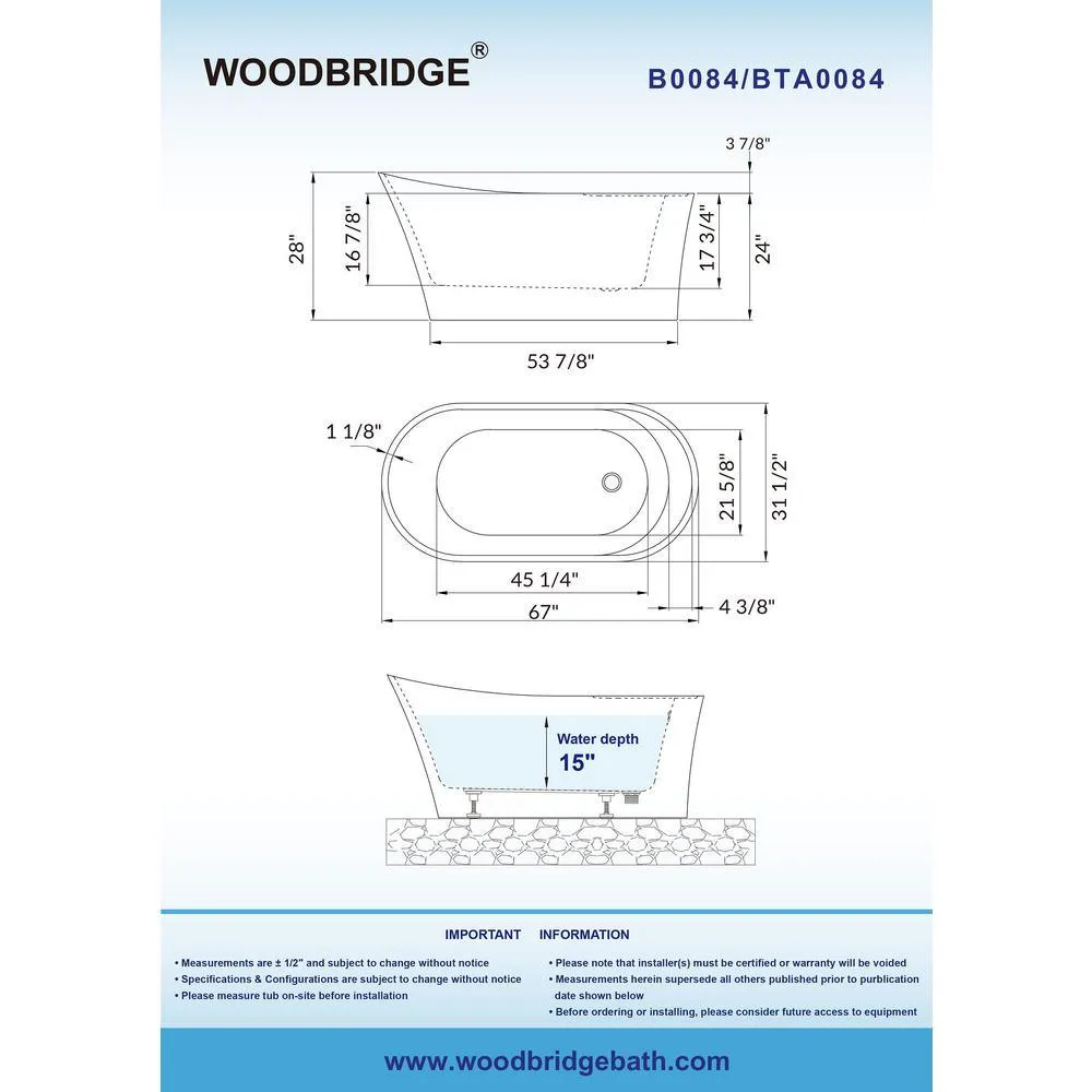WOODBRIDGE Wayne 67 in. Acrylic Freestanding Single Slipper Soaking Bathtub with Drain and Overflow Included in White, photo 6 of 14