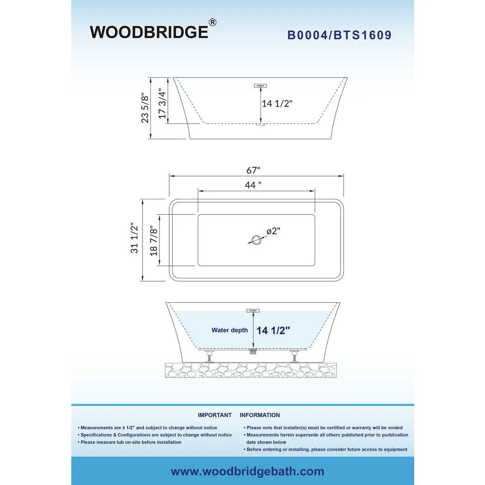 WOODBRIDGE Millville 67 in. Acrylic Freestanding Double-Ended Soaking Bathtub with Center Drain and Overflow, White, photo 6 of 10