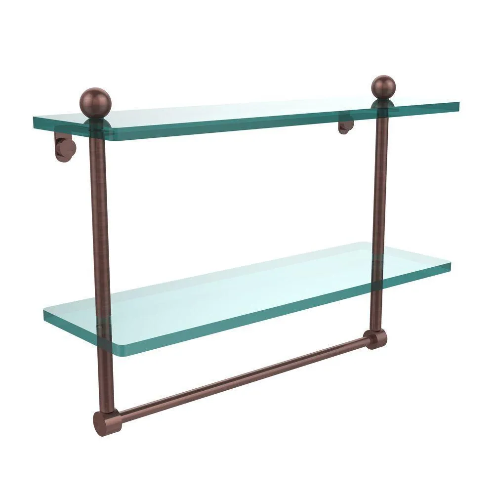 Allied Brass 16 in. L x 12 in. H x 5 in. W 2-Tier Clear Glass Bathroom Shelf with Towel Bar in Satin Nickel, photo 3 of 14