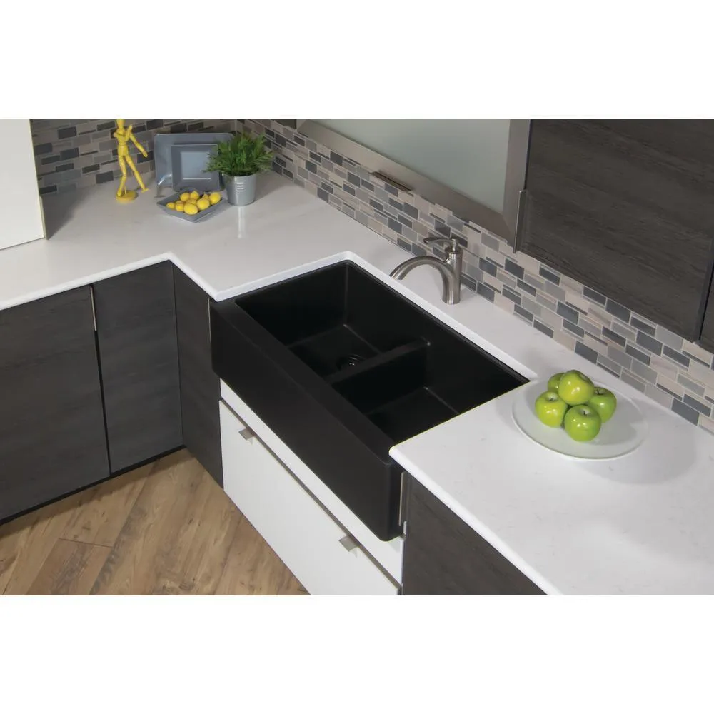 Farmhouse Apron Front Quartz Composite 34 in. Double Bowl Kitchen Sink in Black, photo 2 of 20