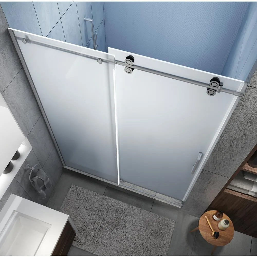 Langham XL 68 - 72 in. x 80 in. Frameless Sliding Shower Door with Ultra-Bright Frosted Glass in Stainless Steel, photo 2 of 22