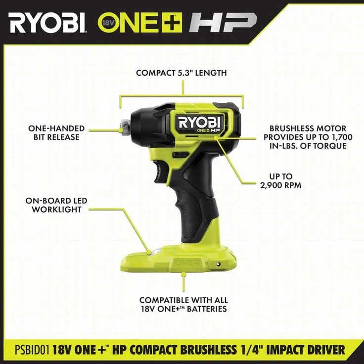 RYOBI ONE+ HP 18V Brushless Cordless Compact 1/4 in. Impact Driver Kit with (2) 1.5 Ah Batteries, Charger and Bag, photo 2 of 7