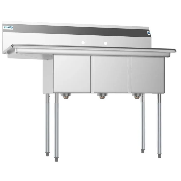 Freestanding Stainless Steel 51 in. 2-Hole Triple Bowl Commercial Kitchen Sink Left Drainboard, photo 3 of 9