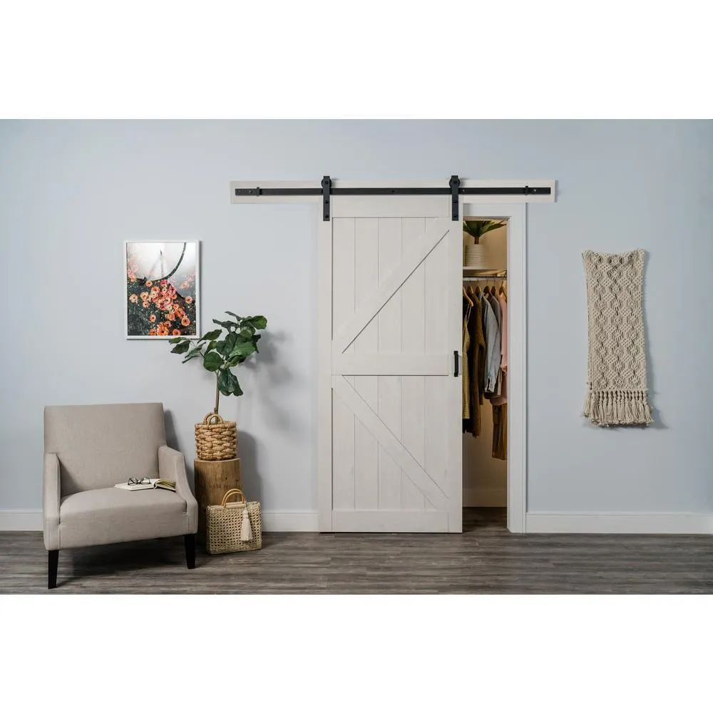 TRUporte K Design 36 in. x 84 in. Ashen White Finished MDF Sliding Barn Door with Bent Strap Hardware Kit, photo 4 of 5