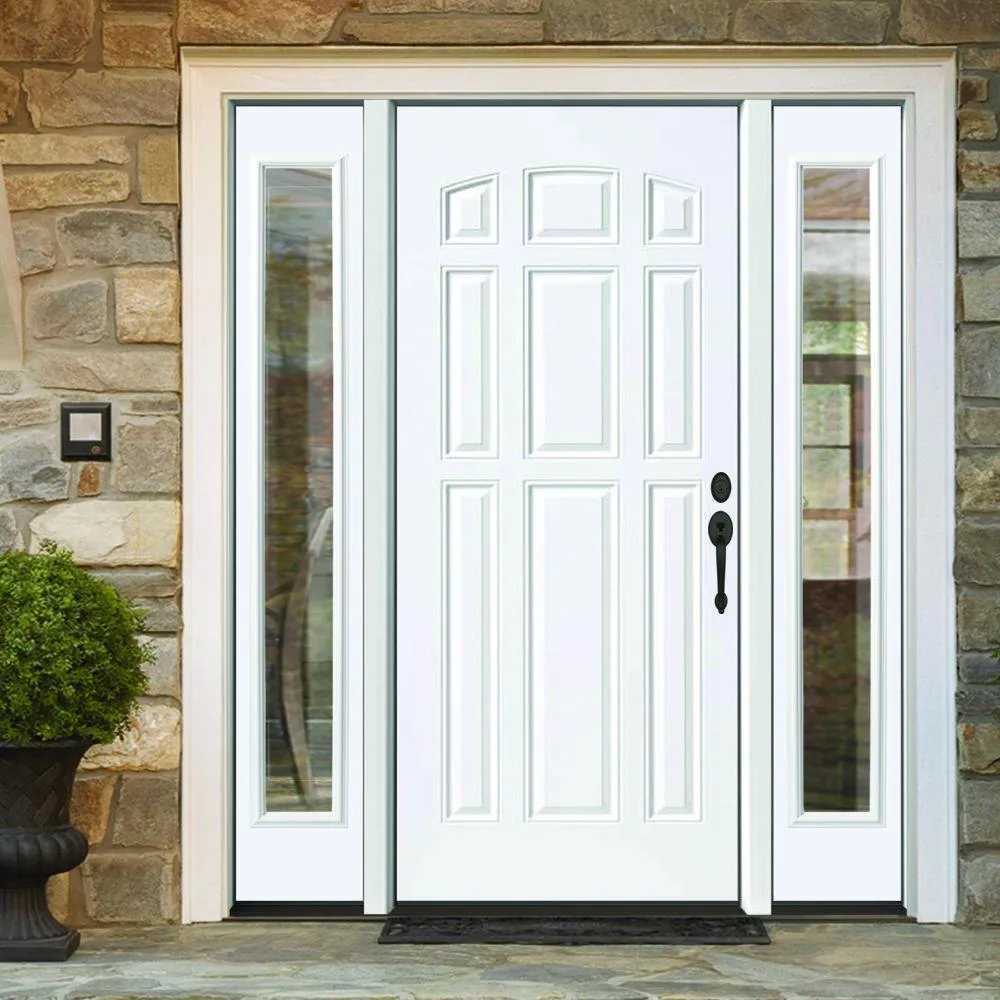 Steves & Sons 64 in. x 80 in. 9-Panel Primed White Left-Hand Steel Prehung Front Door with 12 in. Clear Glass Sidelites 4 in. Wall, photo 2 of 6