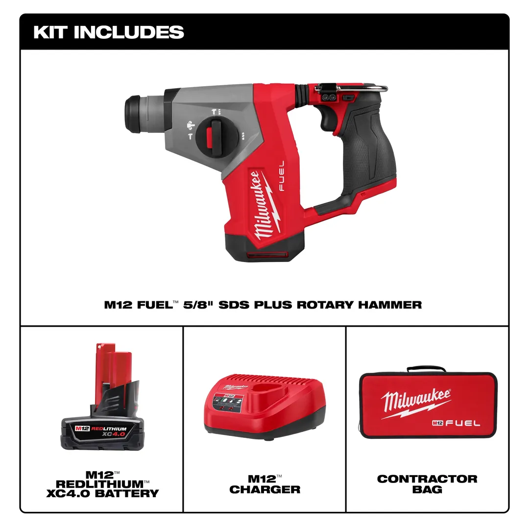 Milwaukee M12 FUEL 12V Lithium-Ion Brushless Cordless 5/8 in. SDS Plus Rotary Hammer Kit with XC 4.0 Battery, Charger and Bag, photo 2 of 2