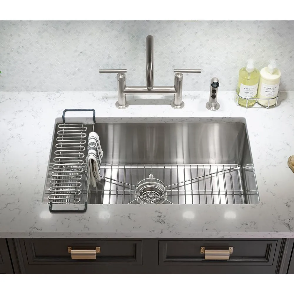 Strive Undermount Stainless Steel 29 in. Single Bowl Kitchen Sink Kit with Sink Rack, photo 8 of 16