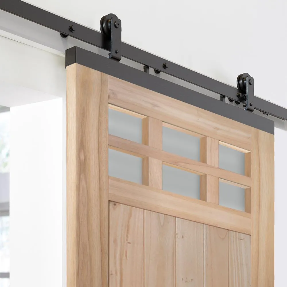 JELD-WEN 36 in. x 80 in. DesignGlide Farmhouse Unfinished Solid Wood 6-Lite Obscure Glass Sliding Barn Door & Black Hardware Kit, photo 4 of 10