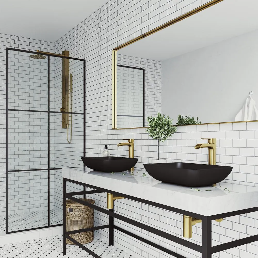 VIGO Sottile Glass Vessel Bathroom Sink in Black with Niko Faucet in Matte Gold, photo 3 of 4