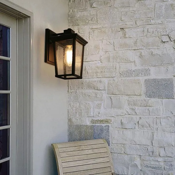1-Light Black 11 in. H Square Patio LED Decorative Outdoor Metal Caged Wall Lantern Seeded Glass Sconce, photo 12 of 15