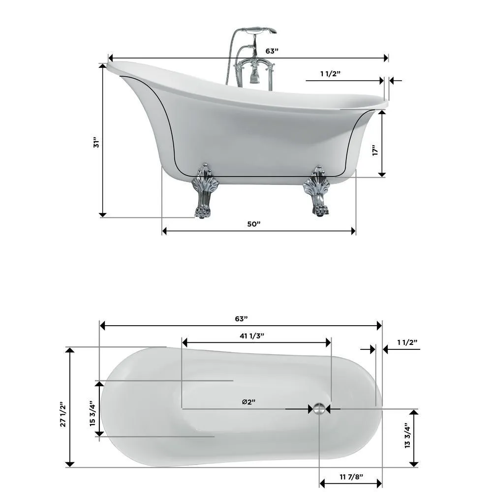 63 in. Acrylic Right Drain Oval Claw Foot Freestanding Bathtub in White, photo 5 of 5