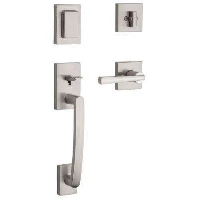 Prestige Spyglass Single Cylinder Satin Nickel Door Handleset with Square Spyglass Door Lever Feat SmartKey Security