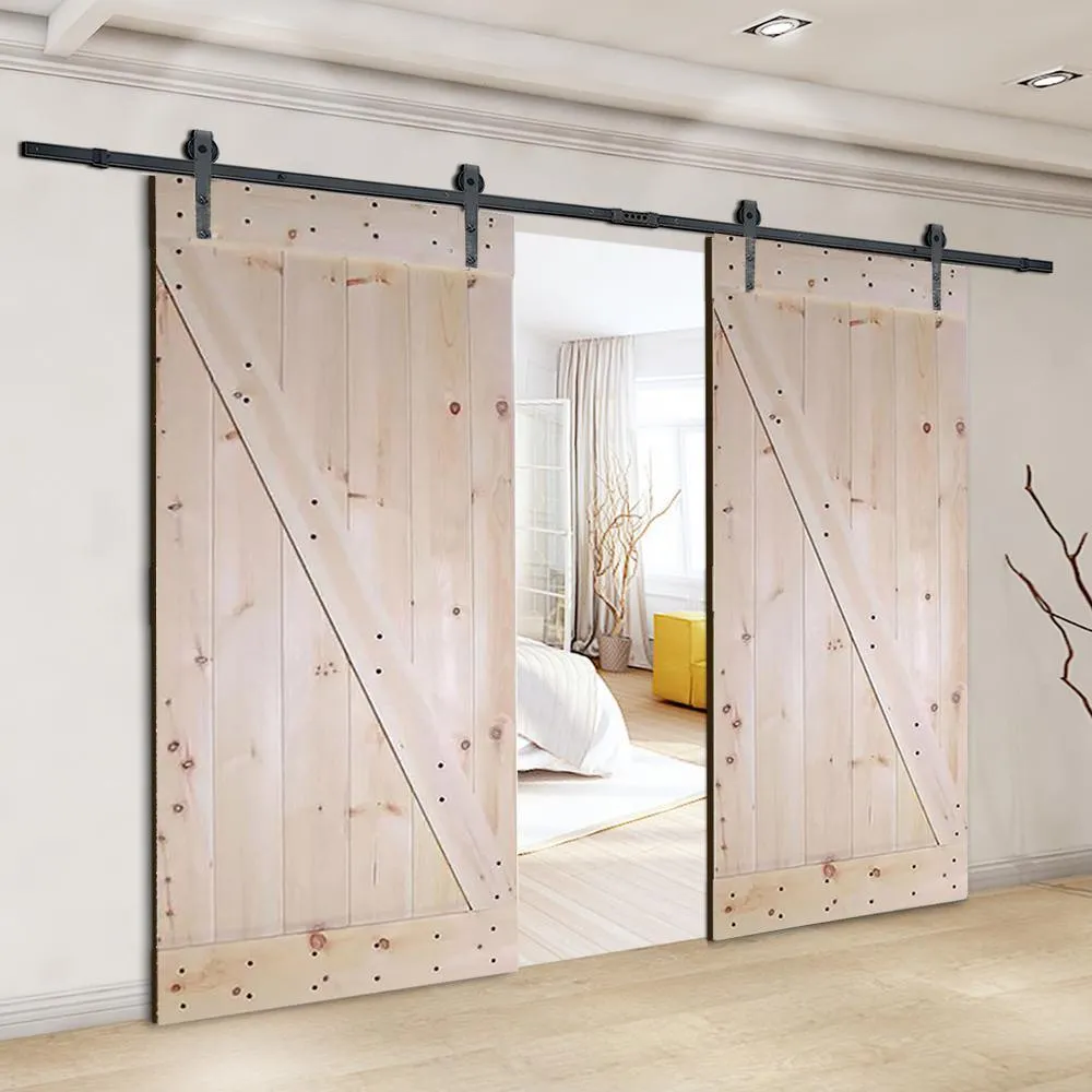 CALHOME 60 in. x 84 in. Unfinished Knotty Pine Wood Double Sliding Barn Door with Classic Bent Strap Black Hardware Kit, photo 4 of 5