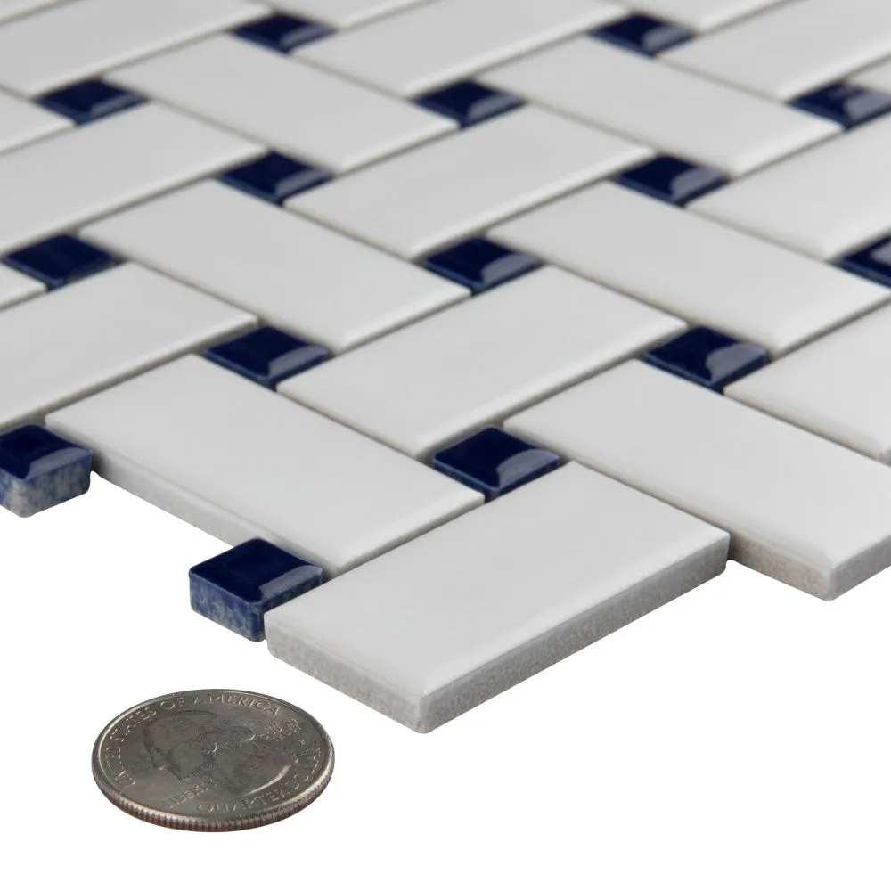 Merola Tile Metro Basketweave Matte White with Cobalt Dot 11-3/4 in. x 11-3/4 in. Porcelain Mosaic Tile (19.58 sq. ft./Case), photo 3 of 8