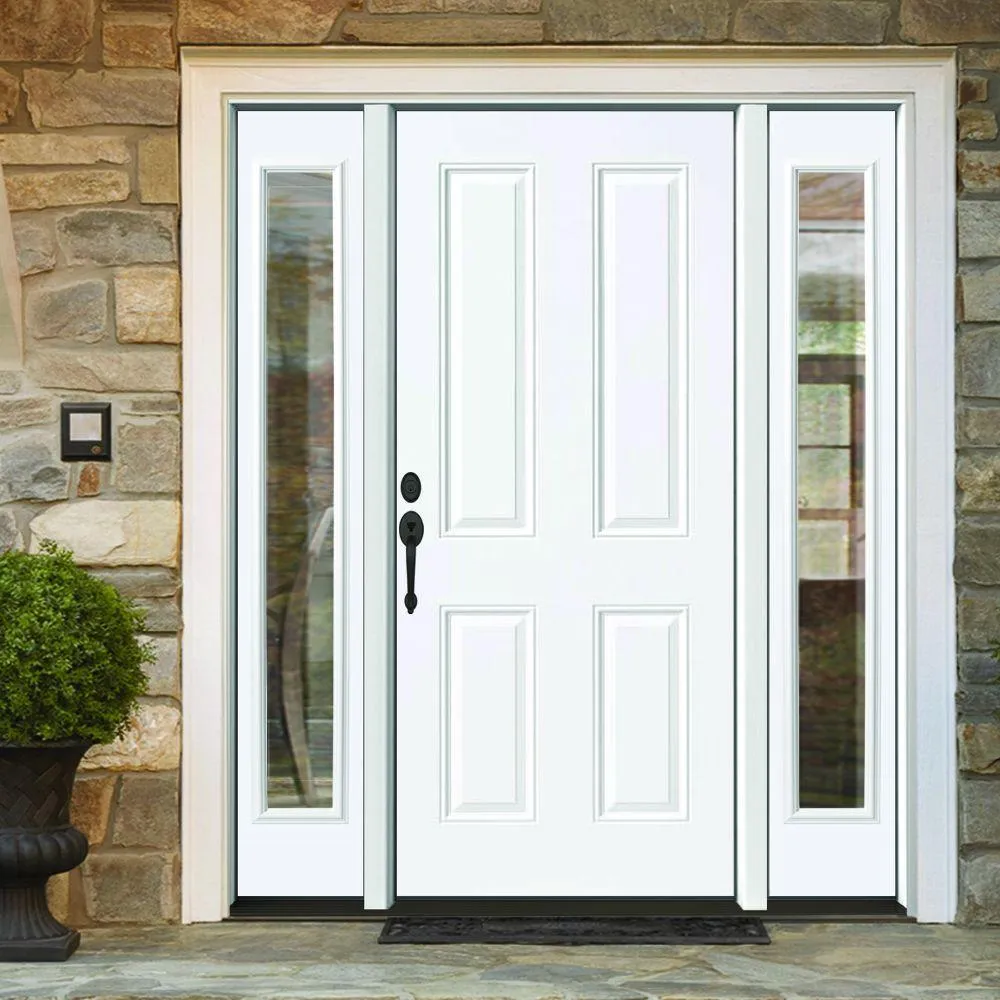 Steves & Sons 60 in. x 80 in. 4-Panel Primed White Right-Hand Steel Prehung Front Door with 10 in. Clear Glass Sidelites 4 in. Wall, photo 2 of 6