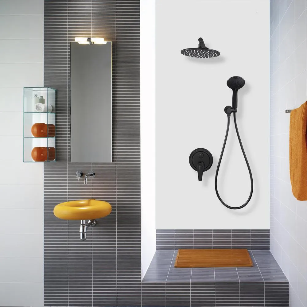 5-Spray Patterns with 2.66 GPM 9 in. Wall Mount Dual Shower Heads with Pressure Balance Round-In Valve in Matte Black, photo 9 of 12