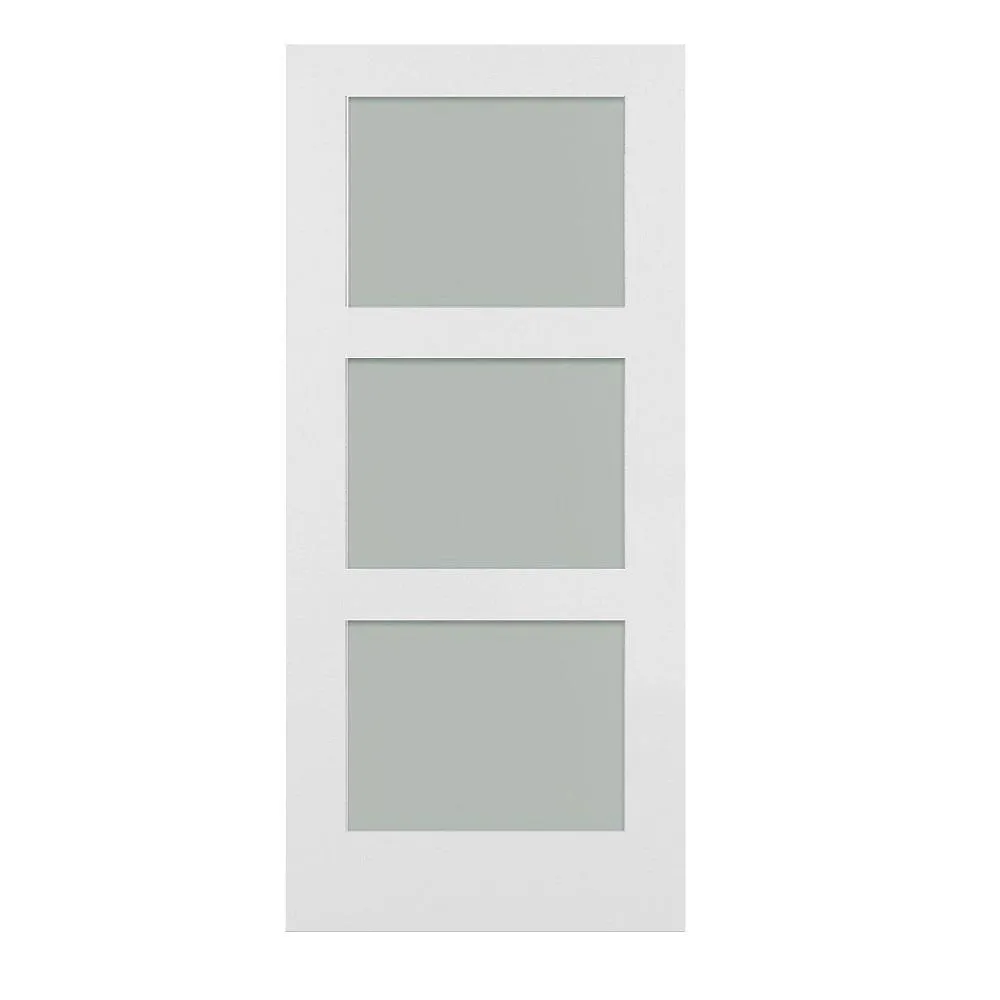 MMI Door 36 in. x 84 in. Shaker 3-Lite Frosted Glass Primed MDF Composite Barn Door Slab, photo 4 of 4