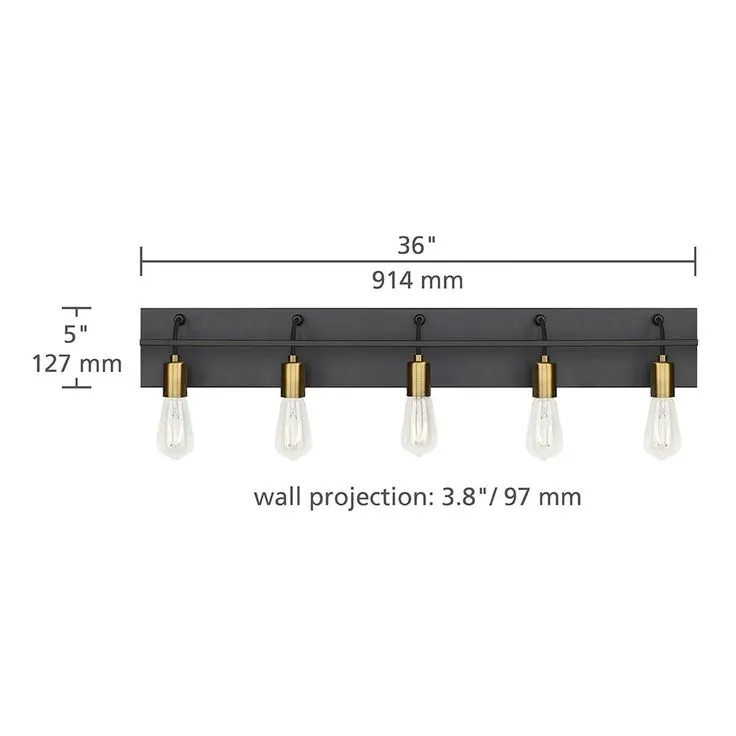 Tae 36 in. W 5-Light Black Industrial Metal Bathroom Vanity Light with Aged Brass Socket Cups and Black Cords, photo 2 of 4