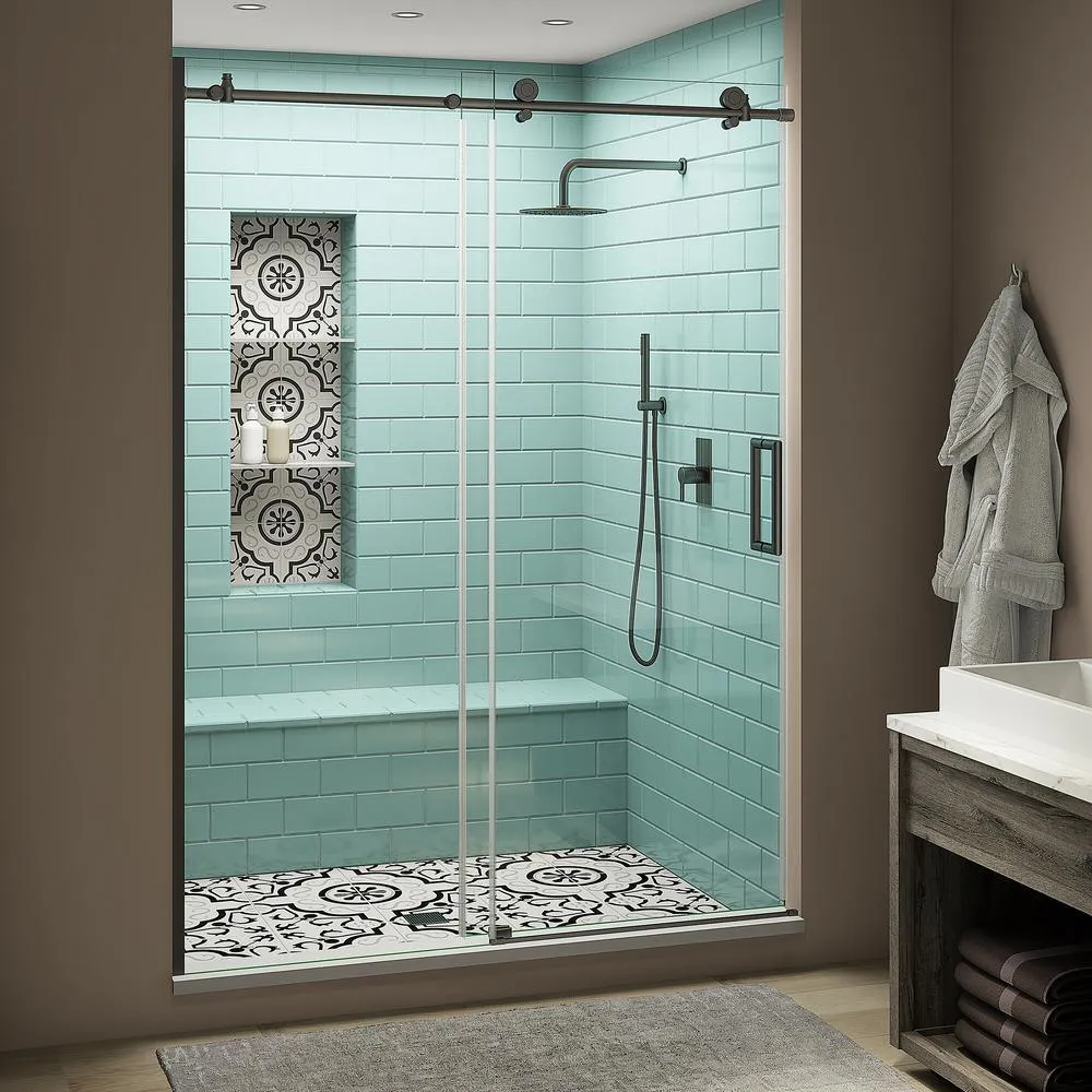 Coraline XL 56 - 60 in. x 80 in. Frameless Sliding Shower Door with StarCast Clear Glass in Brushed Gold Right Hand, photo 12 of 22