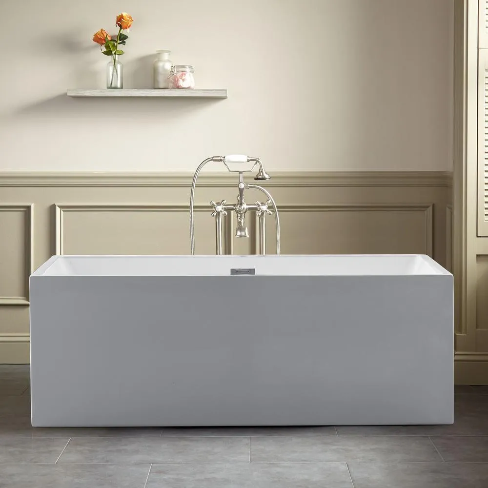 Rectangle 67 in. x 32 in. x 24 in. Contemporary Soaking Acrylic Flatbottom Freestanding Bathtub with Overflow, White, photo 6 of 8