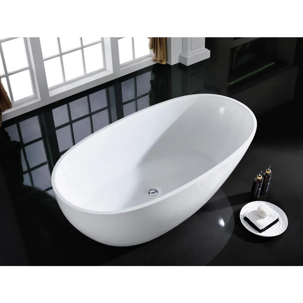 Layla 67 in. Acrylic Classic Flatbottom Non-Whirlpool Freestanding Oval Bathtub in White, photo 3 of 6