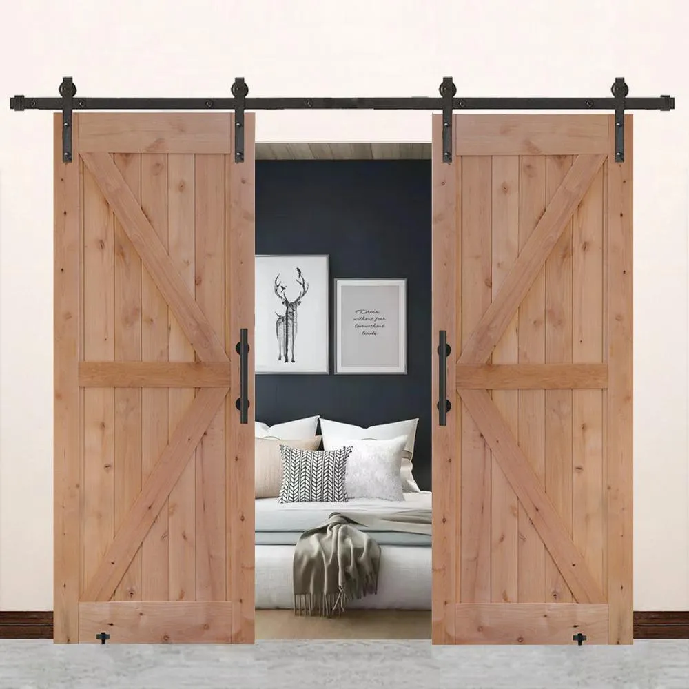 LUBANN 60 in. x 84 in. Assembled Bi-Parting Rustic Unfinished Hardwood Interior Sliding Barn Door Slab with Hardware Kit, photo 9 of 13