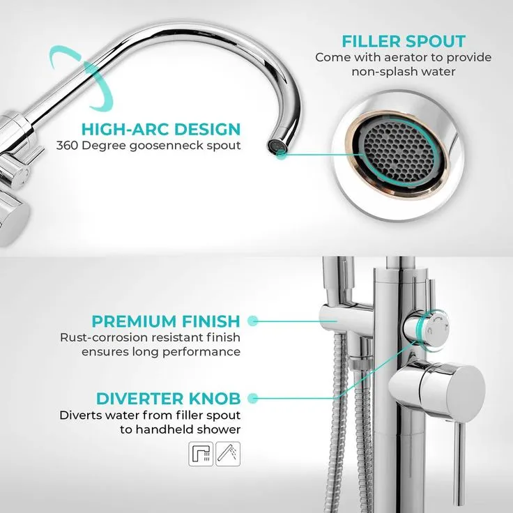 1-Handle Freestanding Floor Mount Roman Tub Faucet Bathtub Filler with Hand Shower in Chrome, photo 8 of 8