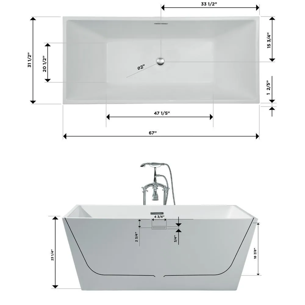67 in. Acrylic Center Drain Rectangle Flat Bottom Freestanding Bathtub in White, photo 6 of 7