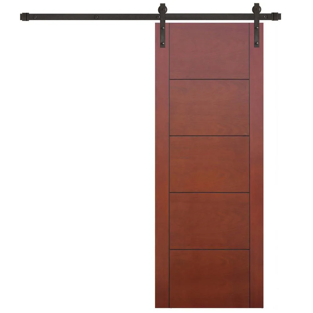 Pacific Entries 36 in. x 84 in. Contemporary Prefinished 5-Panel Flush Mahogany Wood Sliding Barn Door with Bronze Hardware Kit, photo 8 of 8