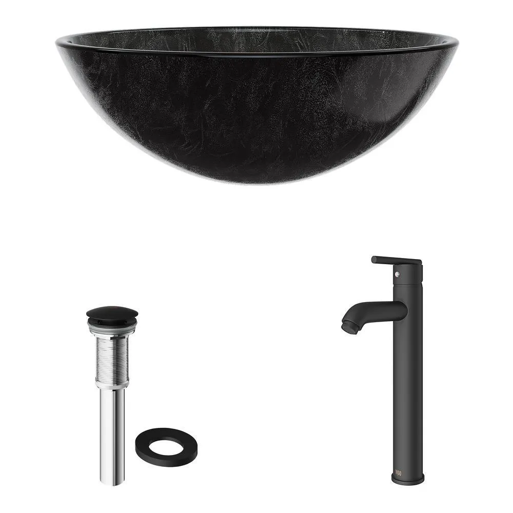Glass Vessel Bathroom Sink in Gray Onyx and Seville Faucet Set in Matte Black, photo 4 of 27