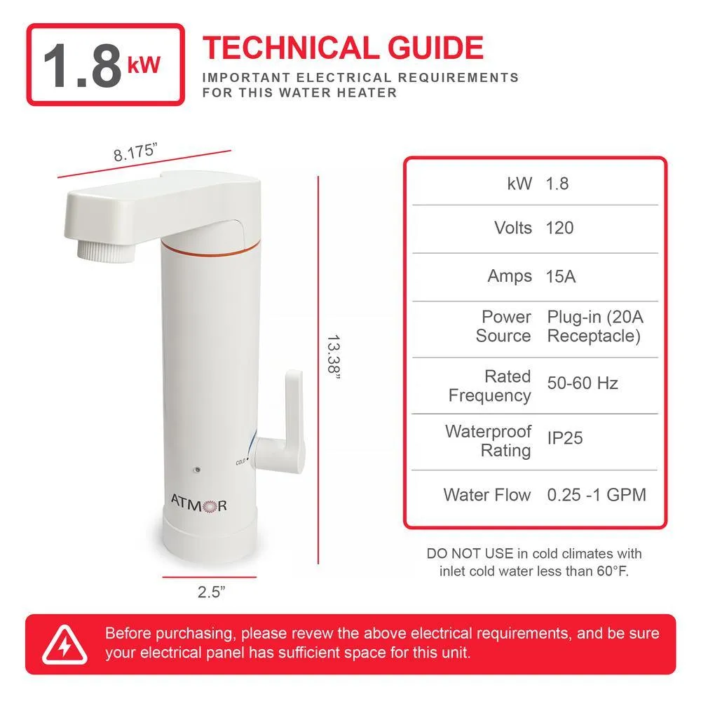 ATMOR 1.8kW 0.5 GPM 2-in-1 Electric Tankless Water Heater / Faucet - Plug-In, photo 4 of 7